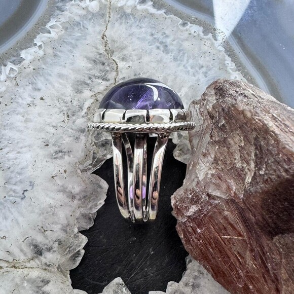Sterling Southwestern Style Round Amethyst Decorated Ring Size 8.75 For Women - Picture 6 of 10